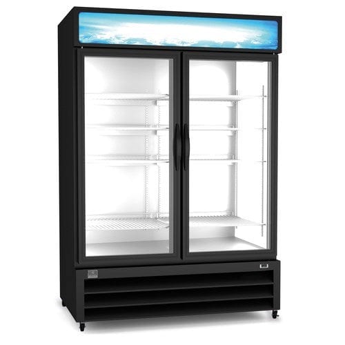 Reach-in Refrigerated Merchandiser, two-section, self-contained bottom mount refrigeration, 49 cubic feet capacity, (2) glass doors with locks,